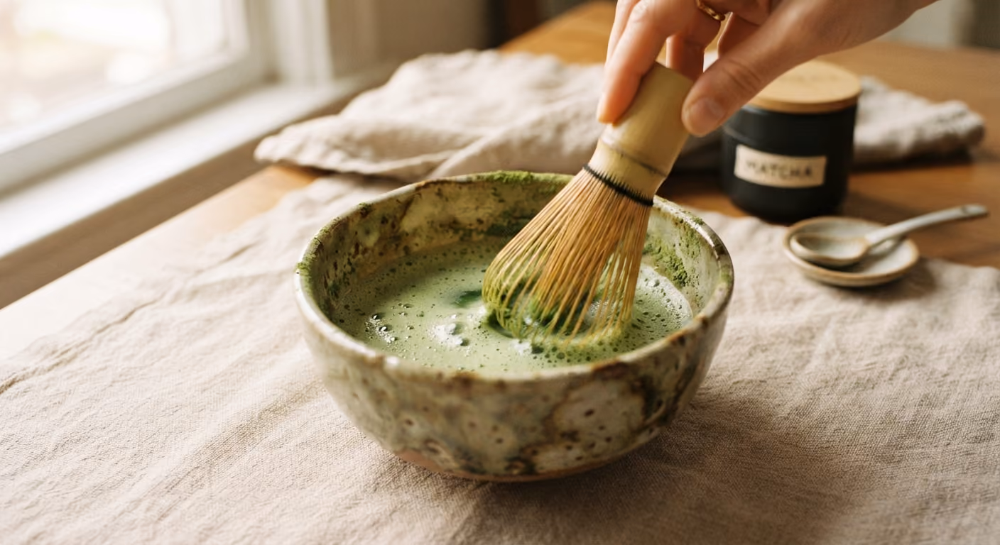 Mãos a preparar chá matcha numa taça de cerâmica